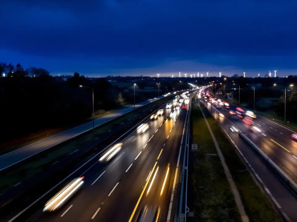 Een Nederlandse snelweg bij schemer, van een brug gezien, met lichtsporen van verkeer en windmolens aan de horizon